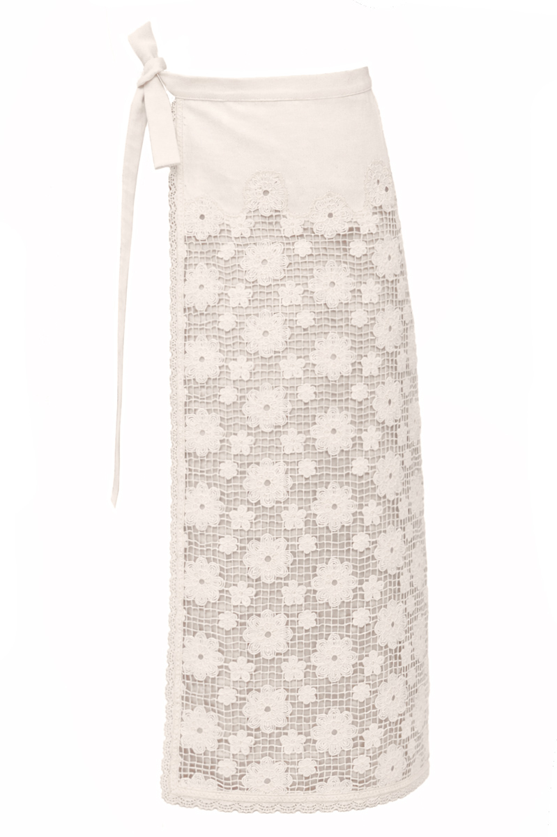 Beige denim wrap apron skirt with lace photo